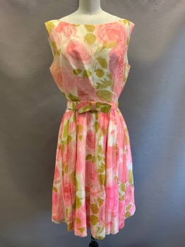 NO LABEL, Pink, Rose Pink, Moss Green, Cream, Polyester, Floral, Sleeveless Dress, Scoop Neck, Back Drape, Back Zipper, Pleated