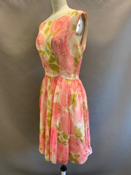 NO LABEL, Pink, Rose Pink, Moss Green, Cream, Polyester, Floral, Sleeveless Dress, Scoop Neck, Back Drape, Back Zipper, Pleated