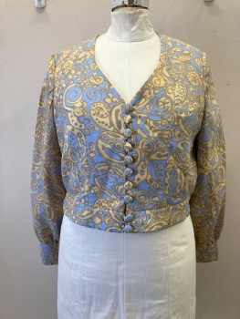 MTO, Jacket - Light Blue/Tan/Beige Abstract Poly, V-N, Button Loop CF Closure, Cropped with Waistband, L/S with Button Loop Cuffs,