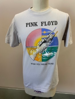 IMPACT, Lt Gray, Multi-color, Cotton, Graphic, Novelty Pattern, CN, S/S, "PINK FLOYD", Circle with Ocean, One Side Of Circle Has Sunset, The Other Has Day Time
