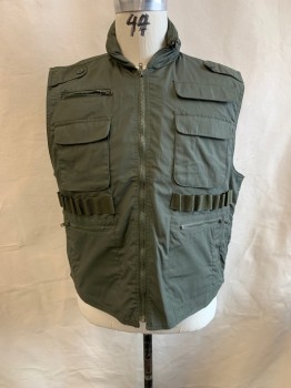 ROTHCO, Olive Green, Poly/Cotton, Stand Collar, Zip Front, 6 Pockets at Front, 1 Large Pocket at Center Back, Pocket at Neck to Conceal Hood, Epaulets