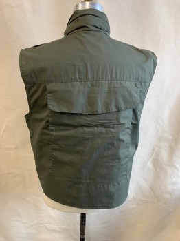 ROTHCO, Olive Green, Poly/Cotton, Stand Collar, Zip Front, 6 Pockets at Front, 1 Large Pocket at Center Back, Pocket at Neck to Conceal Hood, Epaulets