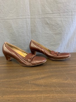 NO LABEL, Brown, Leather, Leather Bow, Metal Bow with Gold Rim, Low Heel
