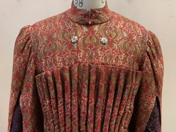 N/L, Red, Gold, Orange, Synthetic, Floral, Tapestry, Doublet - Brocade,  18 Front Pipe Pleats, Hanging Sleeves, Burgundy Velvet Sleeves with a Little Glitter, Stand Collar, CB Zipper, Snaps for Cape to Attach, Made To Order,