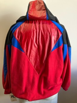 NL, Red Black Royal Blue Color Block, Cotton Polyester, Zip Front with Hood,