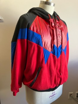 NL, Red Black Royal Blue Color Block, Cotton Polyester, Zip Front with Hood,