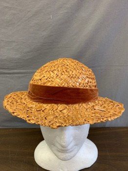 JOAN FRAZIER, Tan Brown, Chestnut Brown, Straw, Silk, Tan Straw, Chestnut Brown Velvet Band and Self Bow, Brim Wider In Front Than In Back, At Front It Is 4" Long