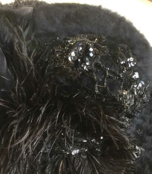 N/L, Black, Angora, Feathers, Solid, Fluffy Angora, with Black Sequins and Beading, Black Ostrich and Peacock Feathers, 4.5" Wide Brim, Cotton Lining Added, (Except For Lining),