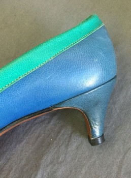 PERTIES, Blue, Teal Green, Leather, Heels, Blue with Teal 1/2" Edging Around Foot Opening, 2" Kitten Heel,