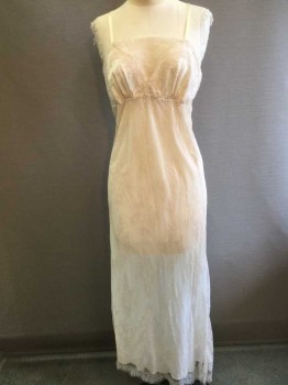FLORA NIKROOZ, Blush Pink, Polyester, Nylon, Adjustable Strap, V-neck with Lace Overlay, Long Nightgown with Lace Overlay, Gathered at Bust