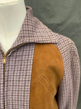 MTO, Mauve Purple, Brown, Wool, Leather, Color Blocking, Grid , Brown Suede Front Panels/Back, Purple/Mauve Grid Rest, Zip Front, 2 Pockets, Tab Side Buckles, Collar Attached,
