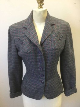 N/L, Multi-color, Navy Blue, Green, Beige, Pink, Wool, Stripes - Horizontal , Speckled, Speckled Horizontal Stripes, Long Sleeves, Notched Lapel, 5 Navy Buttons, Lightly Padded Shoulders, 2 Patch Pockets at Chest with Double Layer Fabric and Decorative Buttons, 2 Side Seam Pockets at Hips, Mauve Silk Crepe Lining, Made To Order Reproduction