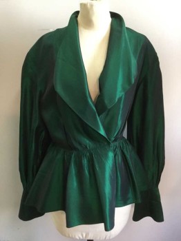 ANDREA JOVINE, Green, Acetate, Nylon, Shiny Green Acetate Taffeta, Surplice Top with Lapel, Pleated Upwards From Peplum, Gathered Peplum, Extended Roll Back Cuff, Holes in Both Armpits