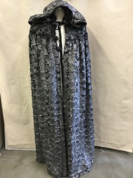 MTO, Metallic, Charcoal Gray, Faux Fur, Metallic Fur with "Scales" Texture, Hood with Black Long String & Black Leather Wang Tie, Yoke Front & Back, Floor Length,  4 Button Loops, **with No Buttons