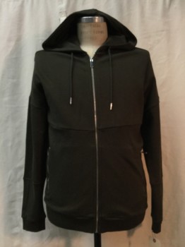 ZARA, Olive Green, Cotton, Polyester, Solid, Olive Green, Zip Front, Two Zip Pockets, Ribbed Sleeves, Hood