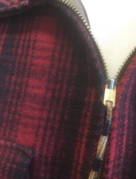 WOOLRICH, Red, Black, Wool, Plaid, Thick Wool, Zip Front, Wide Rounded Collar, 4 Pockets, Mustard Cotton Lining