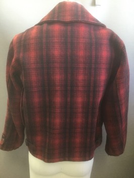 WOOLRICH, Red, Black, Wool, Plaid, Thick Wool, Zip Front, Wide Rounded Collar, 4 Pockets, Mustard Cotton Lining