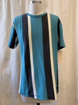 RVCA, Teal Green, Faded Black, Cream, Cotton, Stripes - Vertical , Teal Green/faded Black/cream Vertical Panel, Crew Neck, Short Sleeves, Small Stain at CF