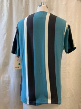 RVCA, Teal Green, Faded Black, Cream, Cotton, Stripes - Vertical , Teal Green/faded Black/cream Vertical Panel, Crew Neck, Short Sleeves, Small Stain at CF