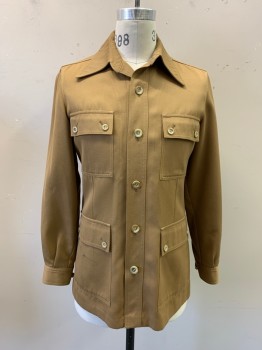 AQUASCUTUM, Camel Brown, Cotton, Solid, Safari Jacket, Twill, Button Front, Collar Attached, 4 Flap Patch Pockets, Long Sleeves, Button Cuff
