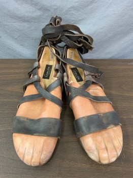 GAMBA, Brown, Beige, Leather, Novelty Pattern, Made To Order, Bare Feet in Brown Sandals. Lace Up the Leg. Painted Feet. Faux Feet, Multiples,