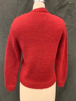 N/L, Red, Wool, Solid, Cardigan, Ribbed Knit Neck/Waistband/Cuff, Yarn Covered Button Front