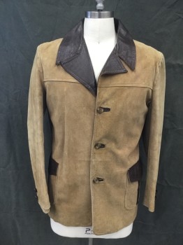N/L, Tan Brown, Dk Brown, Leather, Color Blocking, Tan Suede, Single Breasted, Button Front, Solid Brown Leather Collar Attached/Notched Lapel, 2 Pockets with Dark Brown Leather Flap Pockets and Stripe Detail, Front Yoke, Back Waistband Panel