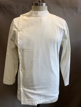 N/L MTO, White, Cotton, Solid, Doctor's Jacket, Long Sleeves, Band Collar, Off Center Wrapped Button Closures, Made To Order Reproduction