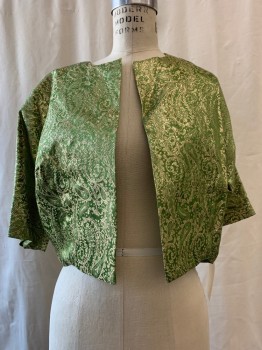 NO LABEL, Green, Gold, Synthetic, Paisley/Swirls, Jacket, Brocade, Short Sleeves, Cropped,