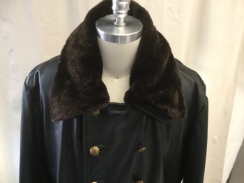 SOUTH BEACH LEATHER, Black, Leather, Faux Fur, Solid, Trench , Floor Length, Detachable  Brown Faux Fur Collar, Double Breasted, 12 Buttons,  Long Sleeves, Brass Colored Dome Buttons 2 Flap Pockets