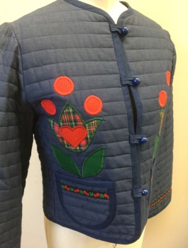 ELLEN MILDAS, Navy Blue, Red, Green, Cotton, Solid, Novelty Pattern, Horizontally Quilted,, Red/Green Navy Flowers, Dots, Hearts Appliqués, 2 Patch Pockets, 4 Button and Loop Closures at Center Front, Cherry and Leaf Pattern Trim,