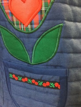 ELLEN MILDAS, Navy Blue, Red, Green, Cotton, Solid, Novelty Pattern, Horizontally Quilted,, Red/Green Navy Flowers, Dots, Hearts Appliqués, 2 Patch Pockets, 4 Button and Loop Closures at Center Front, Cherry and Leaf Pattern Trim,