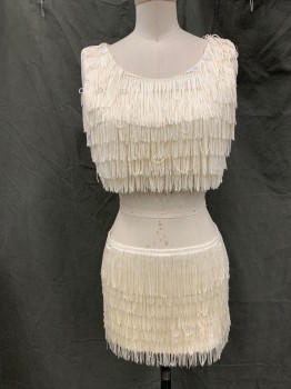 MTO, Ivory White, Polyester, Solid, Layers of Fringe, Scoop Neck, Sleeveless, Crop Top, Stretch, Side Zip, Reproduction, Top and Skirt