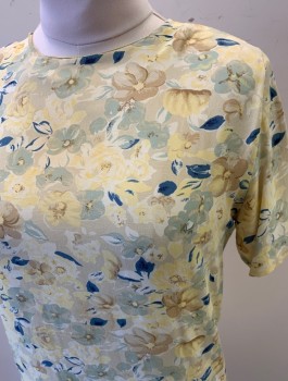 TALBOTS PETITES, Beige, Off White, Lt Yellow, Navy Blue, Lt Brown, Rayon, Floral, Crepe, Short Sleeves, Round Neck, Pullover, Padded Shoulders, 2 Button Closures at Center Back Neck,