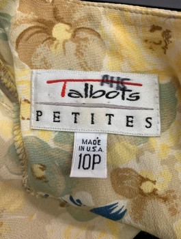 TALBOTS PETITES, Beige, Off White, Lt Yellow, Navy Blue, Lt Brown, Rayon, Floral, Crepe, Short Sleeves, Round Neck, Pullover, Padded Shoulders, 2 Button Closures at Center Back Neck,