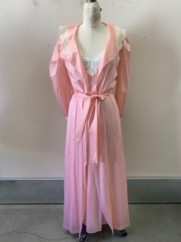 INTERLUDES, Pink, White, Polyester, Polka Dots, Sleepwear, Robe, C.A., Lace Trim, L/S, Tie Front