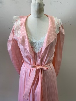 INTERLUDES, Pink, White, Polyester, Polka Dots, Sleepwear, Robe, C.A., Lace Trim, L/S, Tie Front