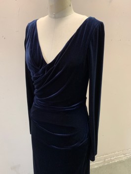 VINCE CAMUTO, Navy Blue, Polyester, Elastane, Solid, Stretch Velvet, Long Sleeves, Surplice V-neck, Ruched at Side Waist, Floor Length, Invisible Zipper in Back