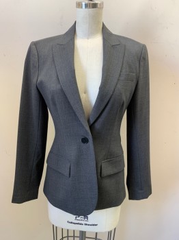 THEORY, Gray, Wool, Elastane, Peak Lapel, Single Breasted, Button Front, 1 Button, 1 Chest Pocket, 2 Flap Pockets, Single Back Vent