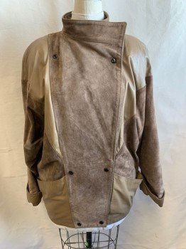 COMINT, Lt Brown, Khaki Brown, Leather, Suede, Stand Collar, Double Breasted, Snap Buttons, Color Block (Suede/Leather)