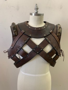 MTO, Dk Brown, Leather, Foam, Solid, *Aged/Distressed* X Pattern on Front and Back, Silver Flat Studs, Bronze Round Studs on Shoulders, Velcro on Back, Lacing on Both Sides, Multiples Have Variations On Aging And Materials