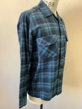 PENDLETON, Navy Blue, Blue, Lt Blue, Wool, Plaid, L/S, Button Front, Camp Collar, 2 Patch Pockets with Flaps, Retro/Classic Style,