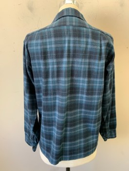 PENDLETON, Navy Blue, Blue, Lt Blue, Wool, Plaid, L/S, Button Front, Camp Collar, 2 Patch Pockets with Flaps, Retro/Classic Style,
