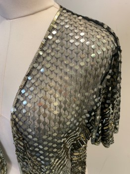 NL, Black, Silver, Gold, Synthetic, Chevron, Stripes, Open Front, Flutter Sleeve, Square And Round Sequins