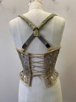 NL, Lt Beige, Gold, Leather, Circles, Leather Panels, W/Pierced  Circles Sewn Together , Short  Suspenders  Attached  to Top ,Trims Painted Gold , Lace Back