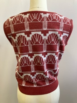 N/L, Pull On, V-N, Rust/Cream Art Deco Geometric Horizontal Stripe, Rib Knit Trims