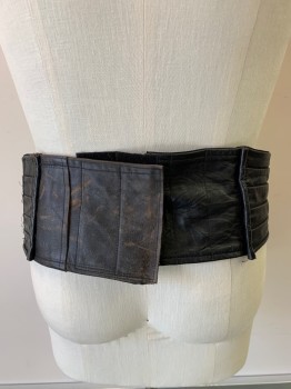 NL, Black, Leather, Wide Belt, Tuck Pleats, Wine-Red Ab-Like Shapes at Center Front, Muti Layer Silver Plastic Plate at Center Front, Velcro Back
