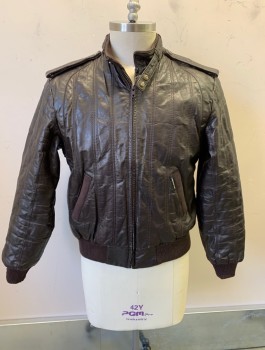 MEMBERS ONLY, Dk Brown, Leather, Solid, Zip Front, Rib Knit Accents At Waist, Pockets And Wrists, Stand Collar With Strap, Epaulettes At Shoulders