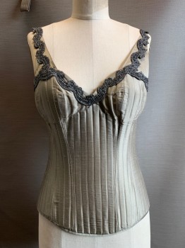NO LABEL, Gray, Graphite Gray, Polyester, Solid, Sleeveless, V Neck, Vertical Seams, Embroiderred Chest and Strap Detail, Back Lace