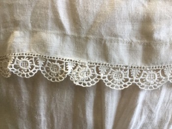 N/L, White, Cotton, Linen, Solid, Cotton Linen Blend Batiste. Hidden Snap Front Closure. Lace Trim Collar & Cuffs & Self Belt with White Shell Buckle. Stain on Left Sleeve,